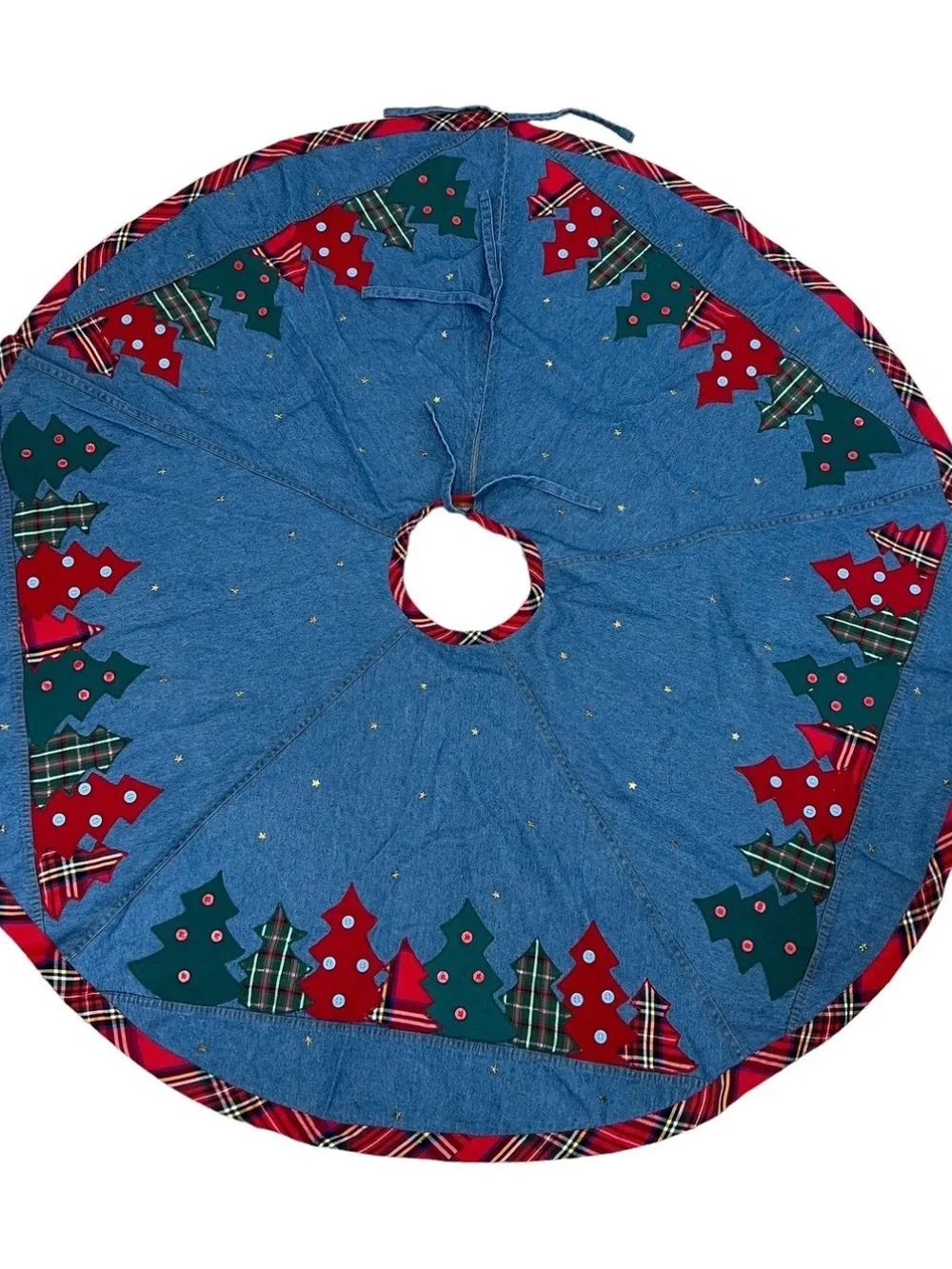 Denim Blue Christmas Tree Skirt Round Plaid Trim Embroidered Applique 22”